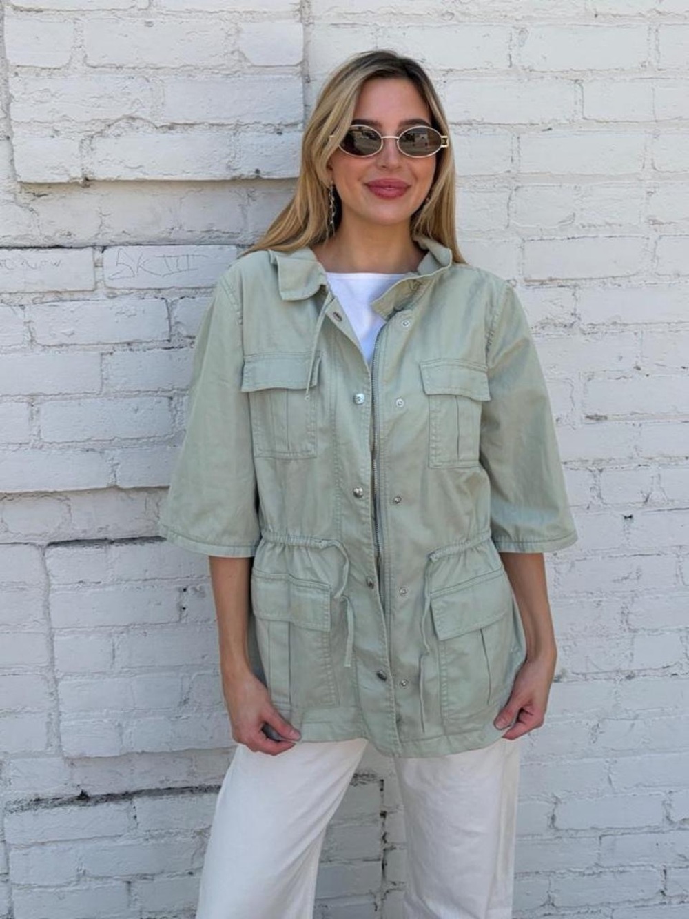 Banana Republic x Olivia Palermo Bell-Sleeve Surplus Jacket - zip and snap-butto